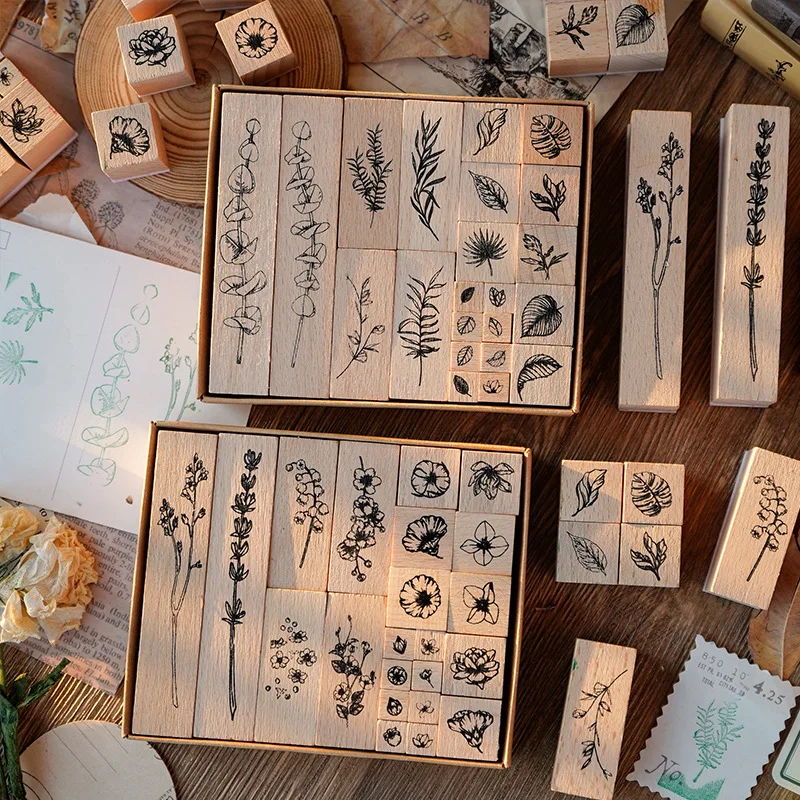22 Pcs/set Wood Mounted Rubber Stamps Plant And Flower Decor