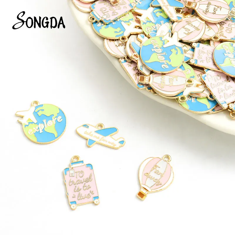 

10pcs Travel Airplane Enamel Charms Hot Air Balloon Explore Earth Suitcase Alloy Drip Oil Pendants for Jewelry Making DIY Craft