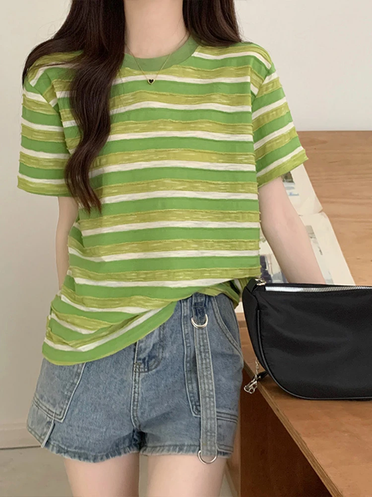 

Женская хлопковая футболка в полоску, с коротким рукавом, лето 2023