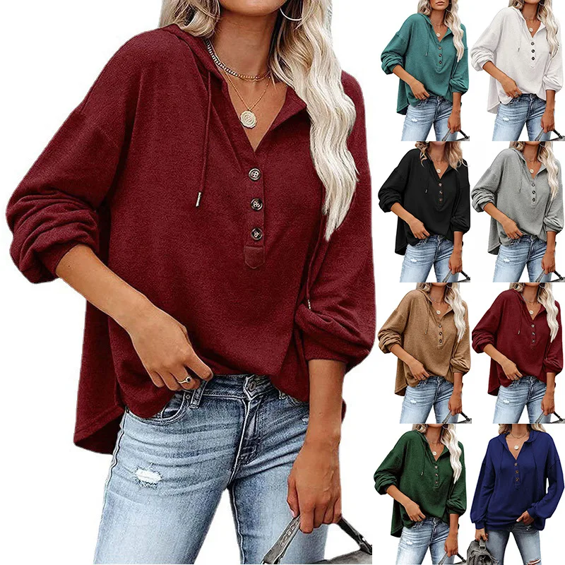 European and American Women's Clothing V-neck Long Sleeve Loose-Fitting Casual Pullover Buckle Drawstring Sports Hoodie