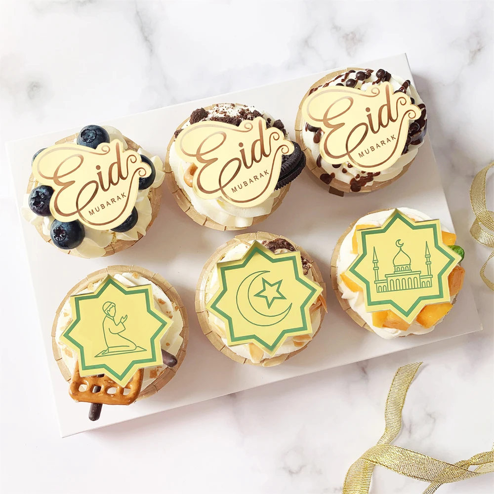 

Eid Mubarak Cupcake Toppers 10Pcs/lot Gold Mirror Acrylic Cake Inserts Flag Laser Craft Cake Decorating Tools Party Decorations