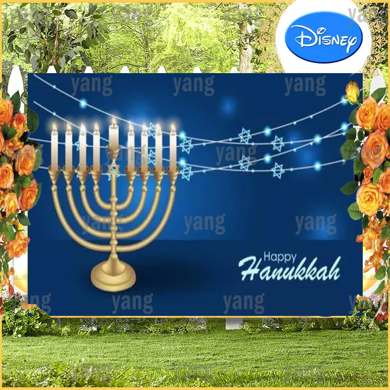 Cartoon Backdrop Wall Happy Hanukkah Blue Glitter Gift Six Pointed Star Background Jewish Party Candle Bedroom Decor Decoration