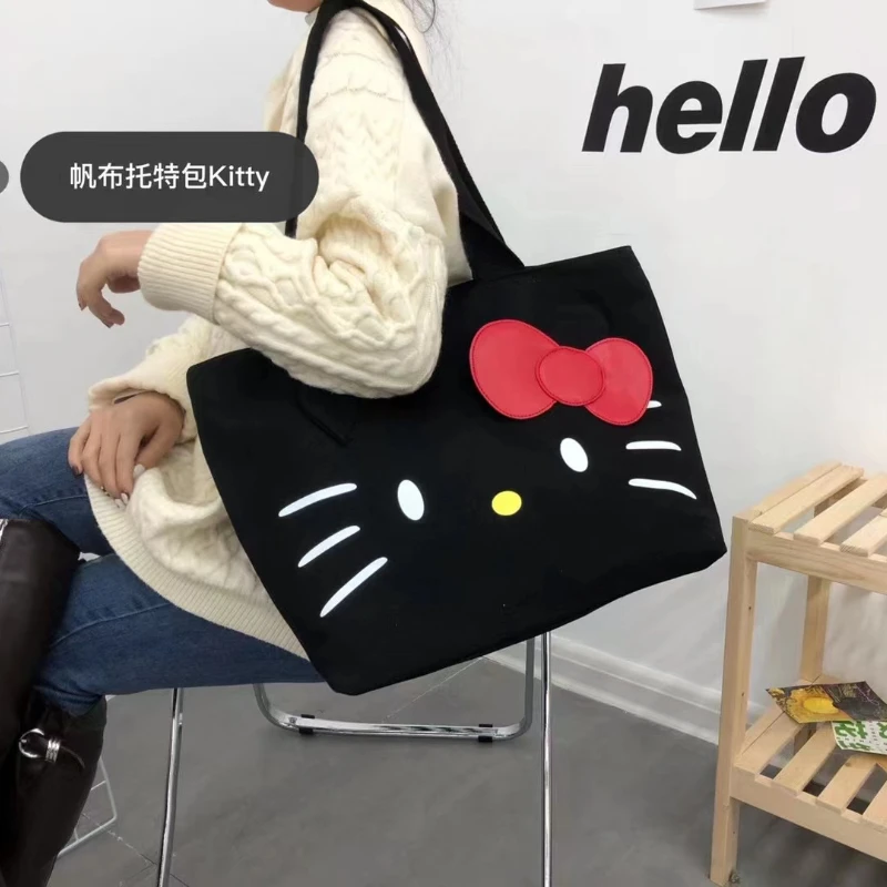 

Kawaii Hello Kitty Shoulder Bags Cute Cartoon Large Capacity Shoulder Portable Three-Dimensional Bow Canvas Tote Mochila Anime