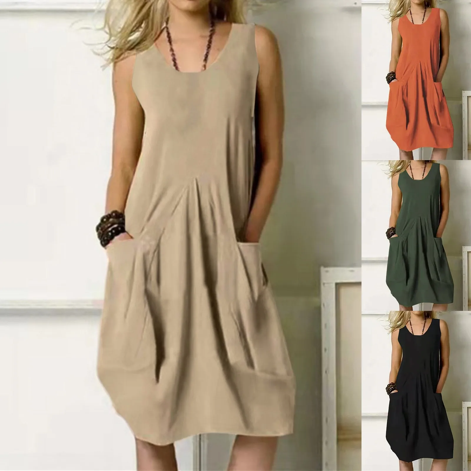 

Women Plus Size Daily Casual Sleeveless Vintage Dresses Bohemian V Neck Elegant Temperament Dresses For Women With Pockets