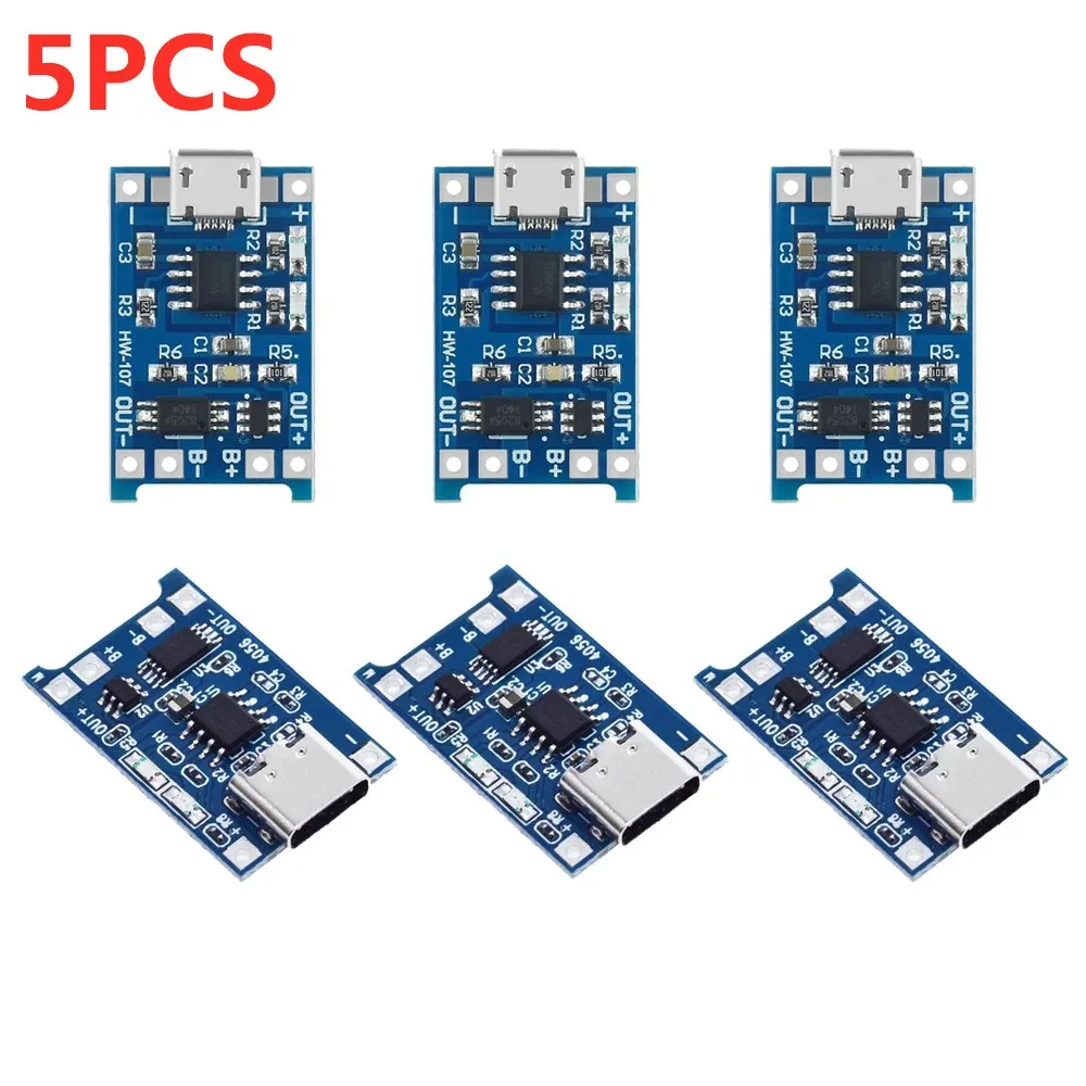 

5PCS 5V 1A Micro USB Type-c 18650 Lithium Battery Charging Board Charger Module+Protection Dual Functions TP4056