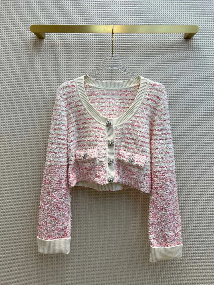 

Роскошный розовый полосатый тканый короткий пиджак, лето 2022, милый маленький кардиган для девушек с жемчужными пуговицами, пальто, высокока...