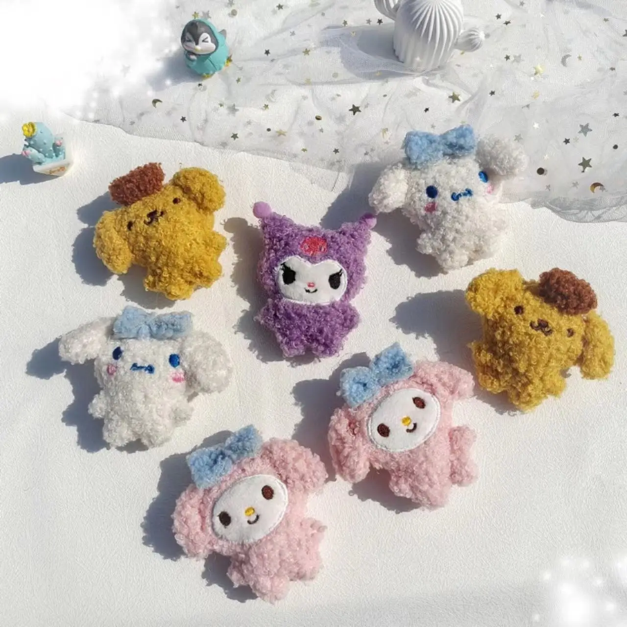 

New Sanrio Cartoon Plush Doll Brooch Curly Cinnamoroll Melody Purin Kuromi Decoration Doll Pin Plush Pin Cartoon Ornaments