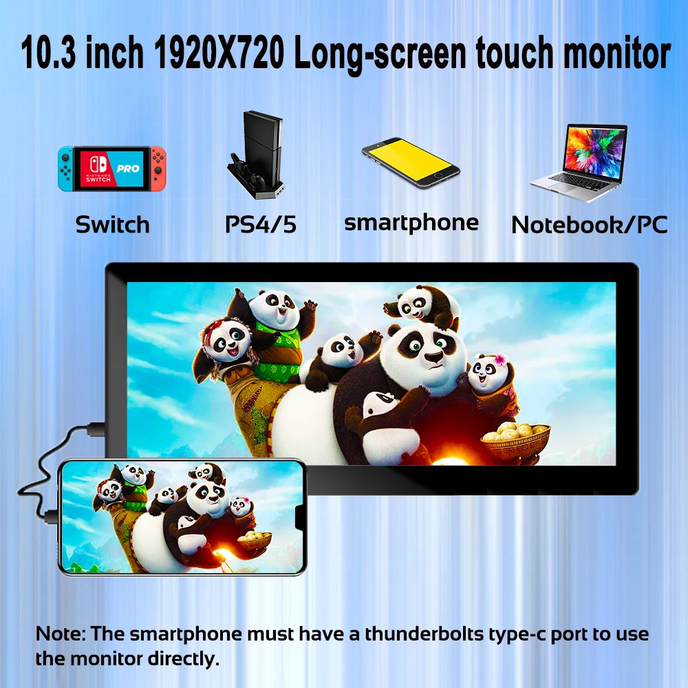 10 3-дюймовый сенсорный монитор с длинным экраном 1920x720 IPS Портативный экран для