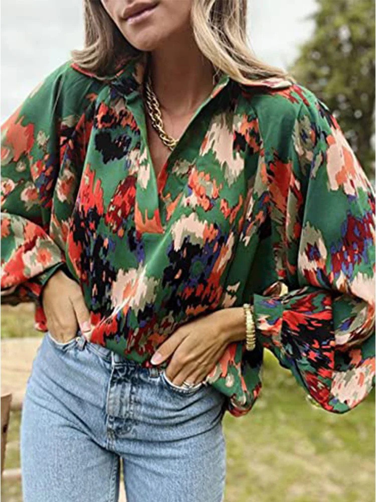 

Womens Print Lapel Shirts Casual Loose Bohemain Satin V Neck Long Lantern Sleeve Blouses Tops