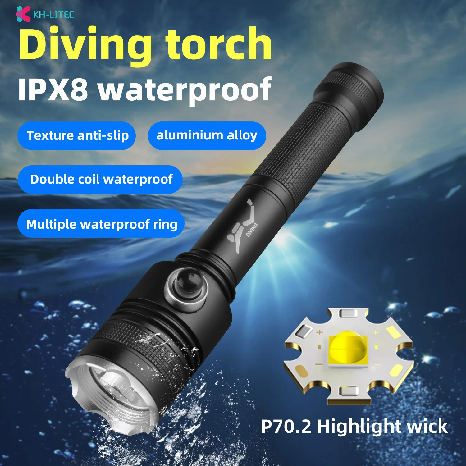 

Super bright Diving Flashlight IP68 highest waterproof rating Professional diving light Powered by 18650 battery With hand rope