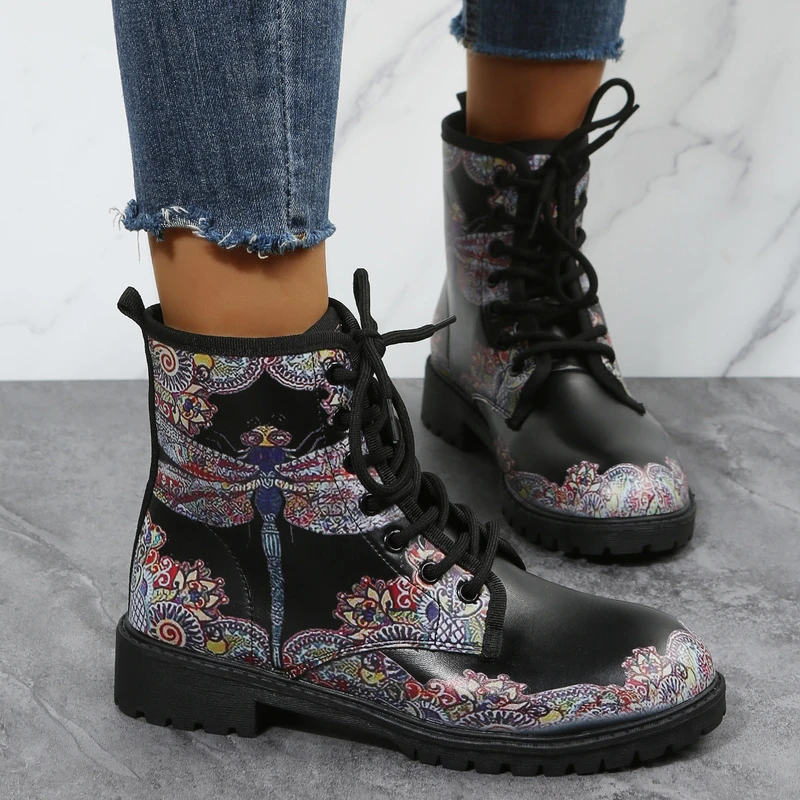 

Women's Shoes Martin Boots Women Spring and Autumn New 2022 British Fashion Women's Boots Flower Print High-top Boots Ladies