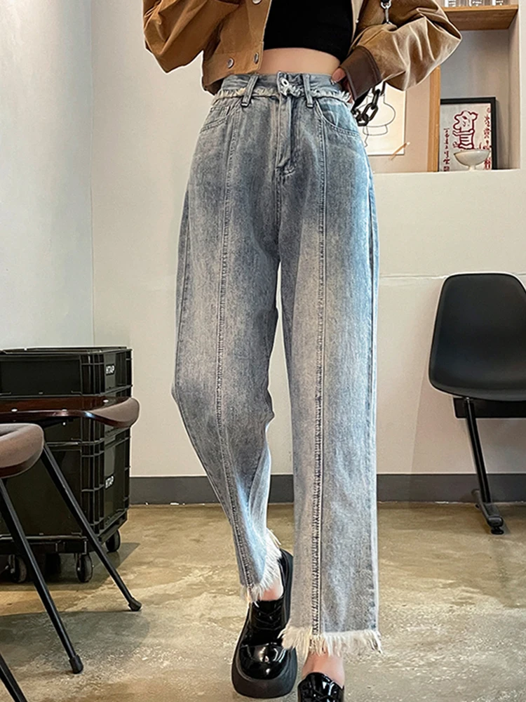Casual Raw Hem High Waist Jeans Loose Wide Leg Pants 2023 New Korean Fashion Women'S Clothing