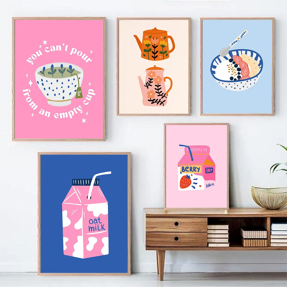 S Berry Juice Strawberry Oats Milk Bag Art Print Retro Cute Dopamine Wall Home Kitchen Decor Colorful Canvas Posters