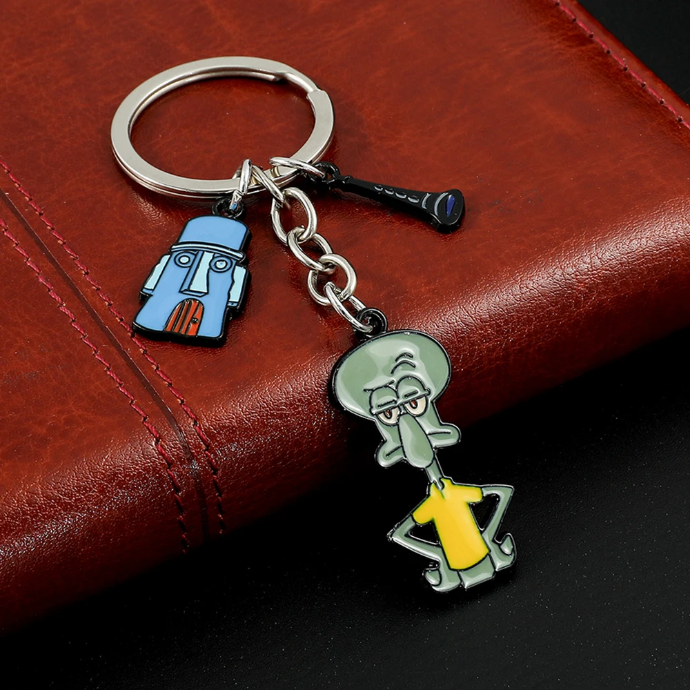 Anime SpongeBob SquarePants Keychain Cartoon Squidward Tentacles Metal Enamel Pendant Keyring for Men Backpack Ornament Toy Gift