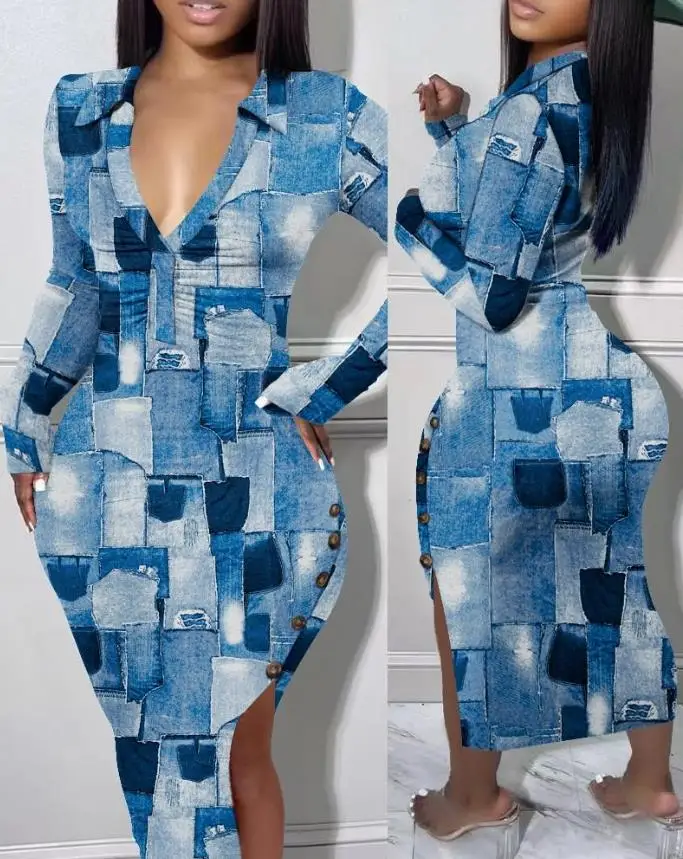 

Denim Look All Over Print Split Hem Ruched Bodycon Dress Long Sleeve Mid-Calf Slit Skinny Sexy Fashion Women's Dresses