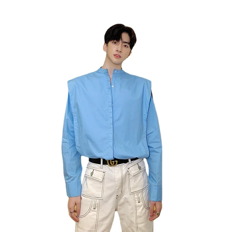 

Men Stand Collar Long Sleeve Casual Blue Shirt Male Japan Korea Style Vintage Streetwear Fashion Show Loose Shirts Blouses