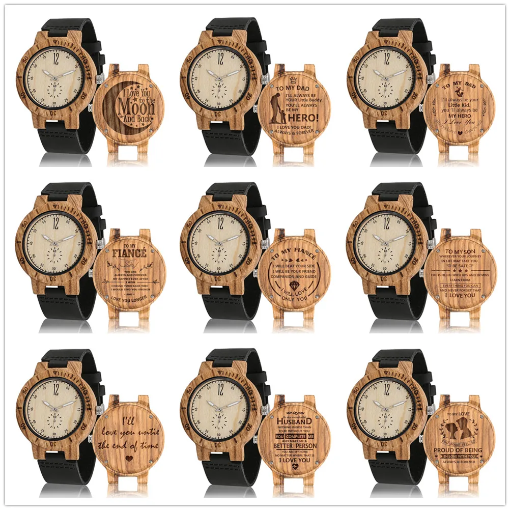 

Customizable Engraved Text/Logo Wood Watch for Men Women Genuine Leather Watchband Personalized Anniversary Birthday Gift Watch