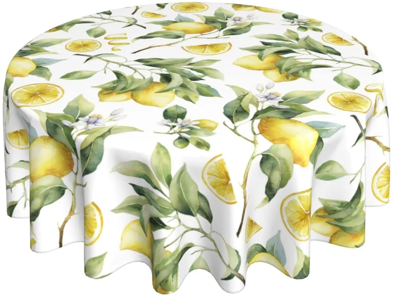 

Lemon Tablecloth Round 60 Inch Retro Watercolor Lemon Yellow White Print Decorative Table Cloth Dust-Proof Wrinkle Resistant