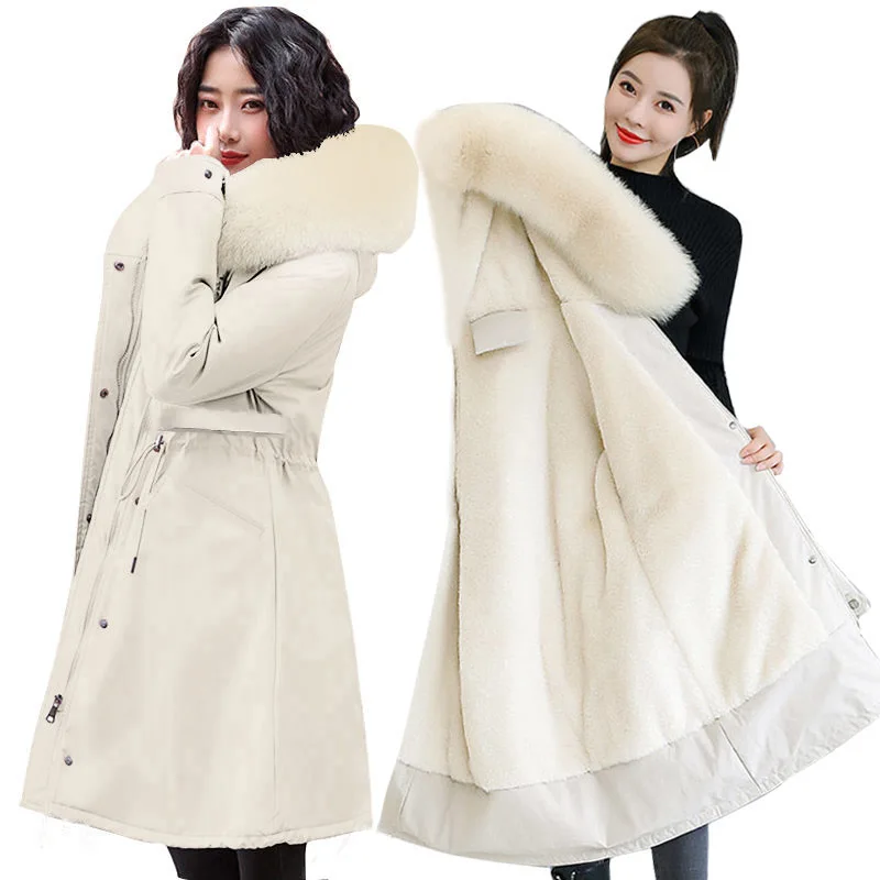 Winter Hooded Cotton Coat Women Belt Coat Simier Jacket Female Long Parka Fake Fur Big Size 6XL Women Thickened Coat Wool Hat