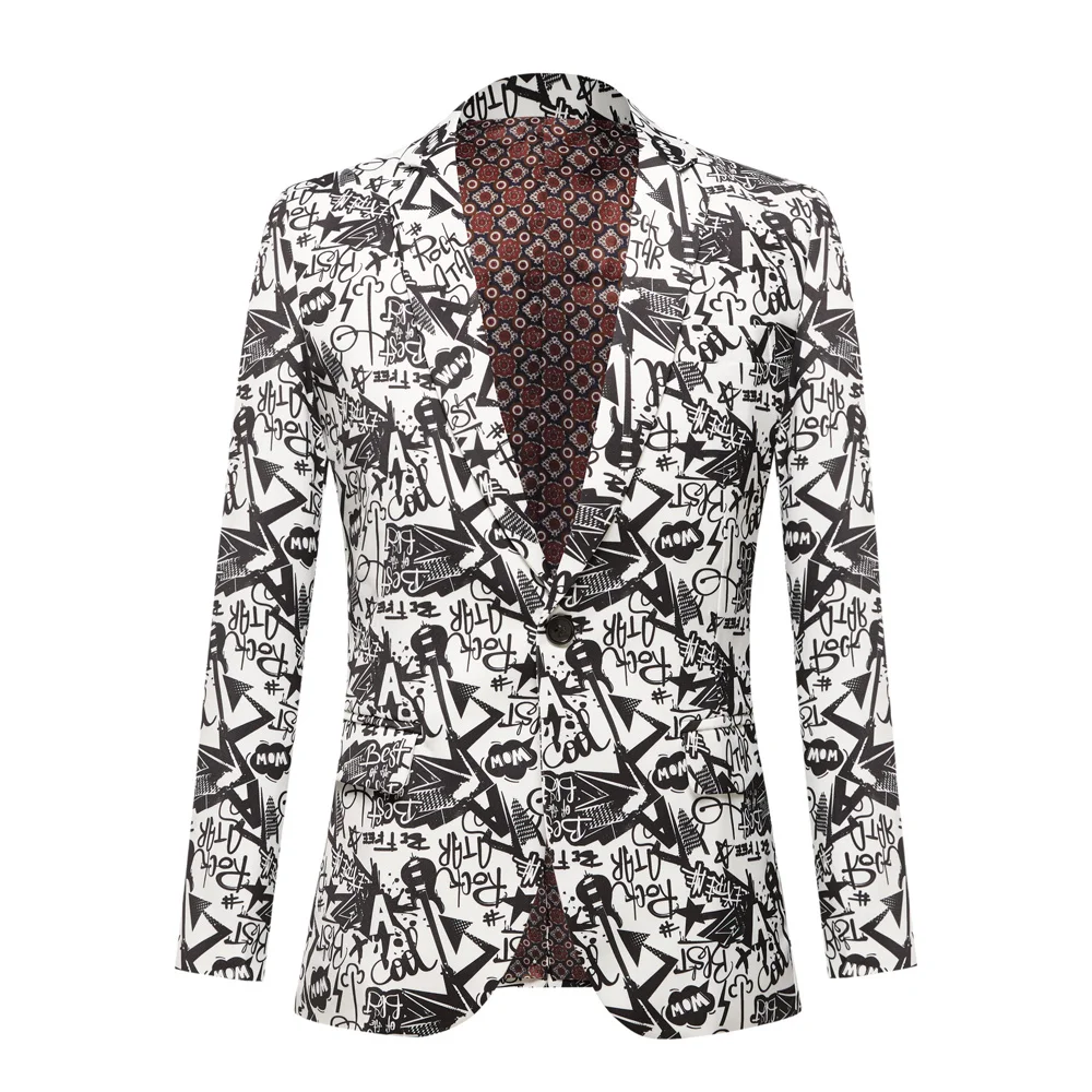 

Men's Black Fashion Suit Jacket Wedding Groom Stage Singer Prom Slim Fit Blazers Black White Printed Suit Jacket Coat