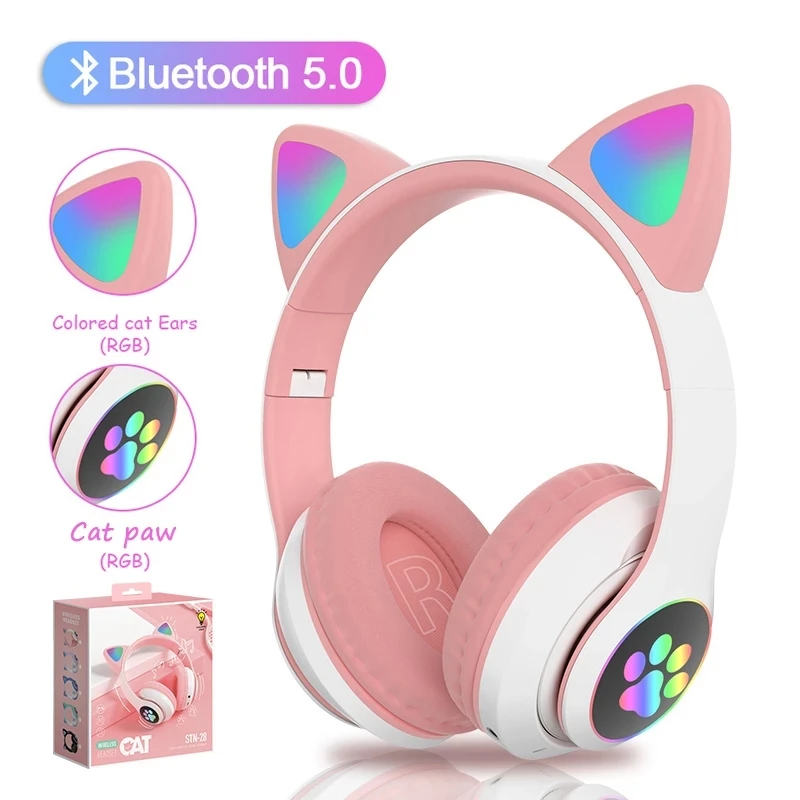 

Flashing LED Cute Cat Ears Headphones Wireless Headset With Mic Support TF Card Kid Girl Stereo Music Bluetooth Earphones Gamer