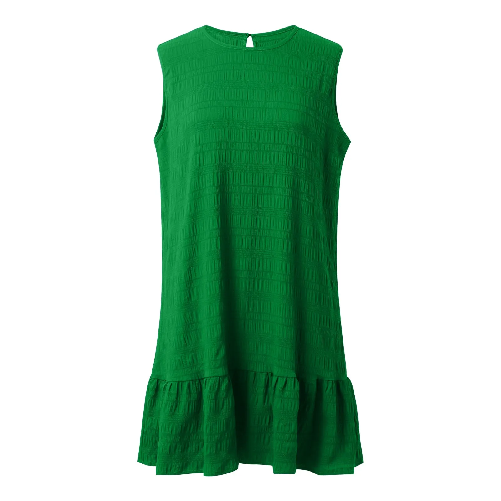 Женское мини-платье с оборками на подоле без рукавов круглым вырезом