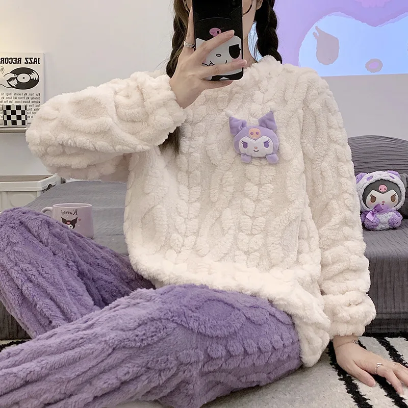 

Kawaii Sanrios Coral Fleece Pajamas Cute Kuromi Female Autumn and Winter Cartoon Thickened Warm Home Clothes Two-Piece Set