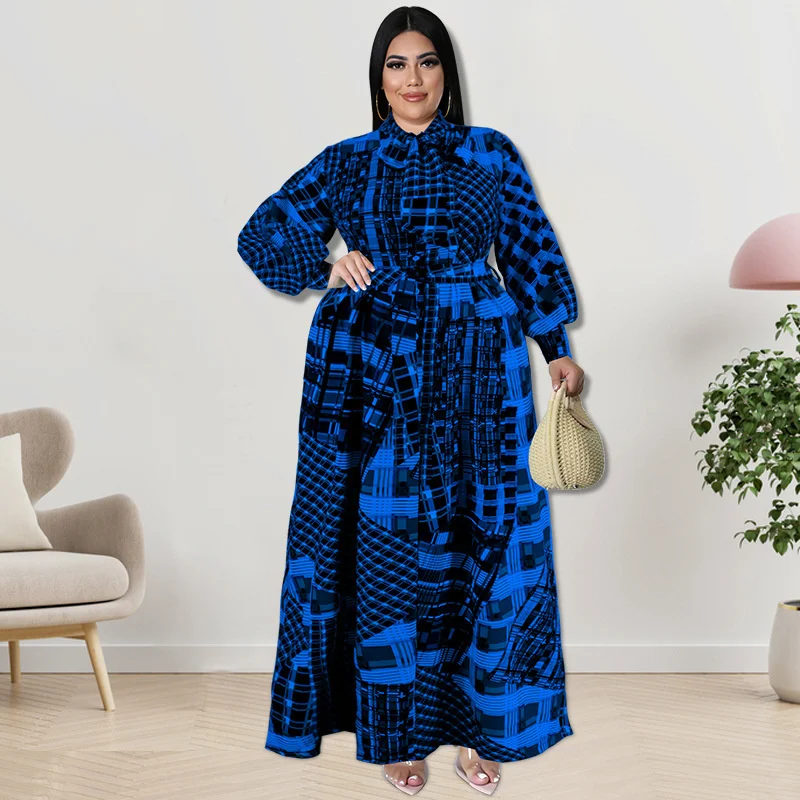 Plus Size Women's Dresses Fashion Casual Long Sleeve Digital Print Dress Elegant Bow Tie A-line Dresses For Large Size Female