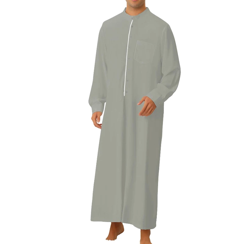 Men's Abaya Muslim Robes Middle East Arab Jubba Thobe Kaftan Prayer Dress Solid Color Long Sleeve Loose Gown Islamic Clothes