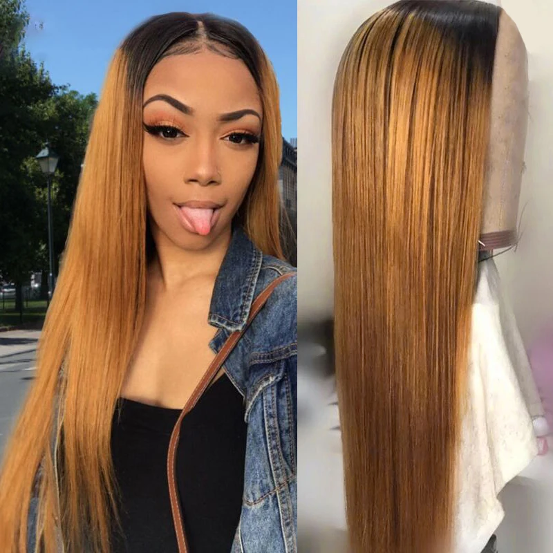 Long Natural Straight Silky Human Hair Wig PrePlucked With Baby Hair Ombre Blonde Glueless 13x4 Lace Front Wig For Women