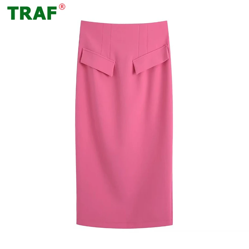 

TRAF Pink Pencil Skirt Women Flaps High Waist Midi Skirts Womens 2022 Summer Office Woman Skirt Streetwear Vintage Long Skirt