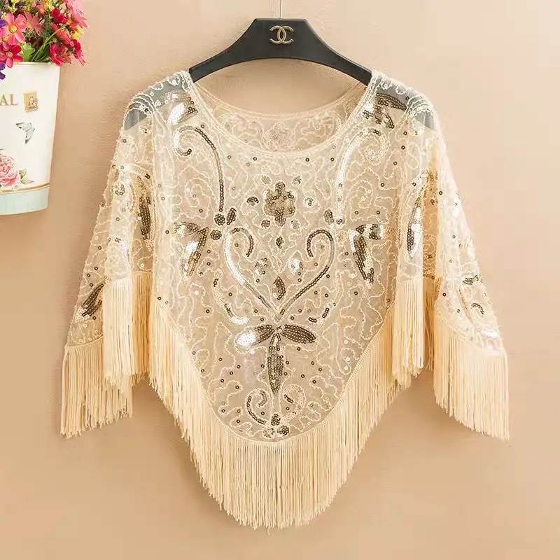 

T shirt female summer new women Korean printed the sequined shawl pullover fringed blouse casual thin coat with a skirt female
