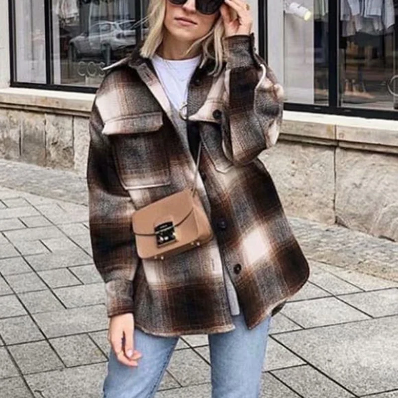 Vintage Women 2021 Long Sleeve Woolen Coats Fashion Ladies Thick Plaid Coat Female Streetwear Elegant Girls Oversize Jacket Chic