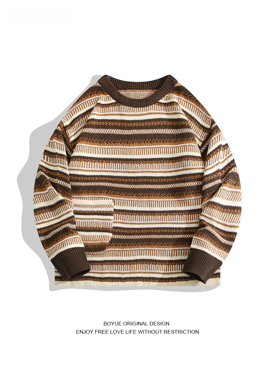 Boyue Jump Японский модный полосатый свитер контрастного цвета с карманами винтажный