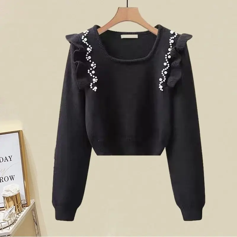 Black pullover sweater with beaded wood ear edge for women in autumn and winter  hoodies  zip up hoodie  Cotton