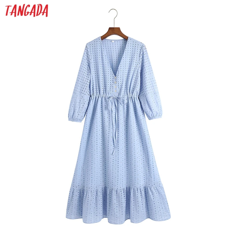 

Tangada Women Embroidery Romantic Blue Cotton Dress for Summer Three Quarter Sleeve Strethy Waist Females Sundress 6Z84