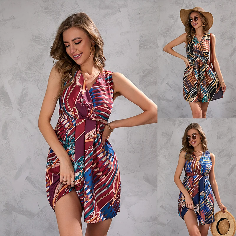 

Women's Sleeveless Printed Summer Dress High Waist A Line Boho Short Dress with Belt