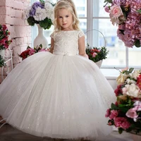 kids wedding flower girl dress short sleeves scoop lace sequin tulle first communion dress ball gown puff girl pageant dresses