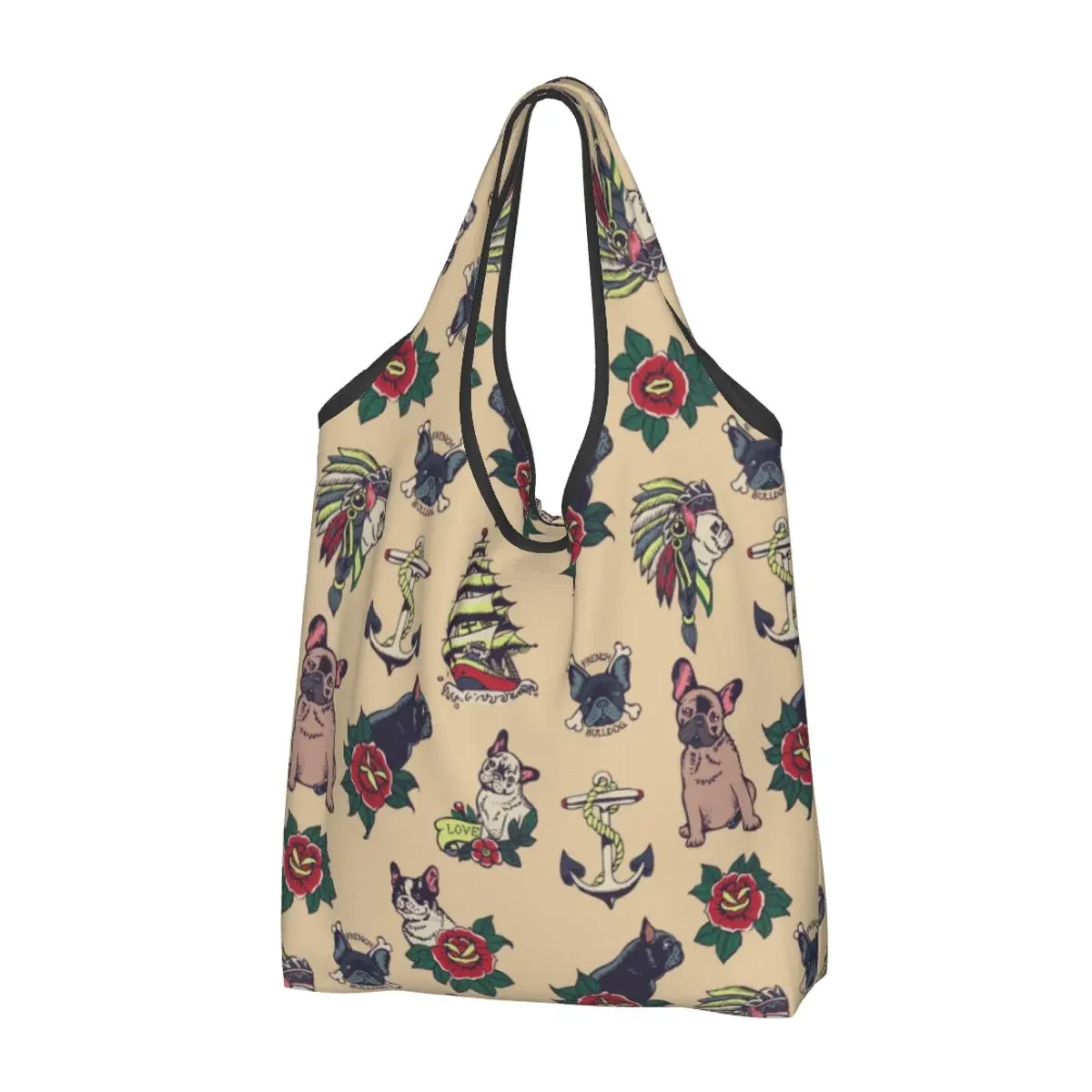 Сумка-тоут женская с принтом французского бульдога и тату