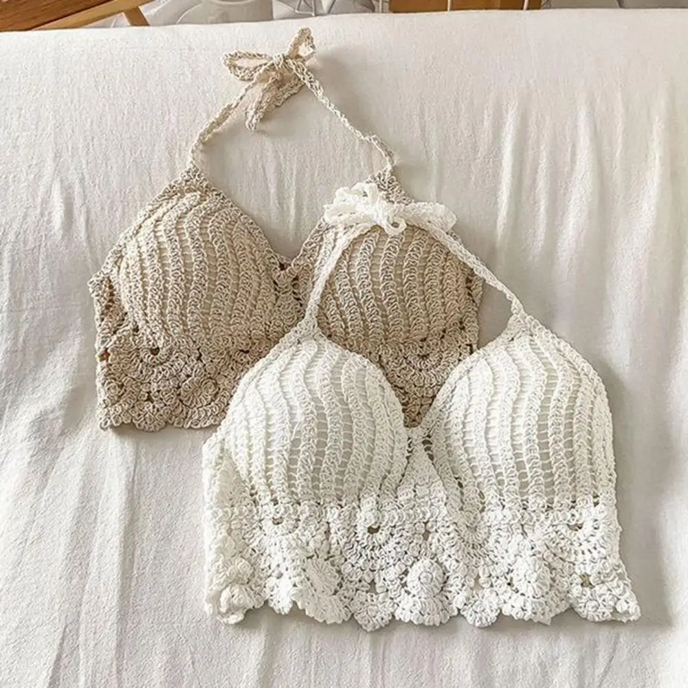 

Vrouwelijk Sexy Hot Tops Halter Lace-up Backless Pads Beach Vest Summer Knitting Hollow Out Crop Top