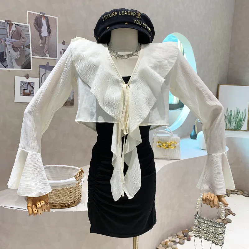 

Niche Design New Women 2022 Autumn Sweet Lace Up Sunscreen Cardigan Shirt Top Suspender Pleated Hip Wrap Dress Two Piece Set