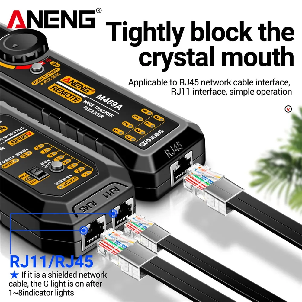 Фото Тестер сетевых кабелей - RJ45/RJ11, трекер проводов ANENG M469A, тестер сетевых кабелей, прибор для тестирования с защитой от помех, инструмент для ремонта сетей. №3