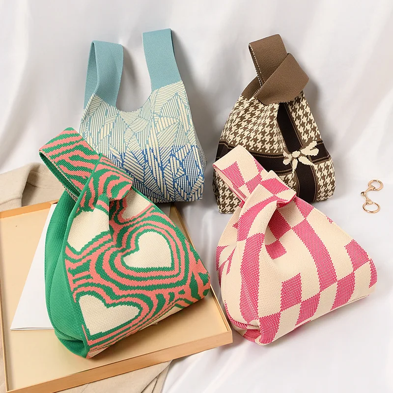 

Fashionable Vest Bag Women Knitted Wrist Handbag Reusable Shopping Bags Japan Style Knot Tote Handbag Foldable Phone Pouch