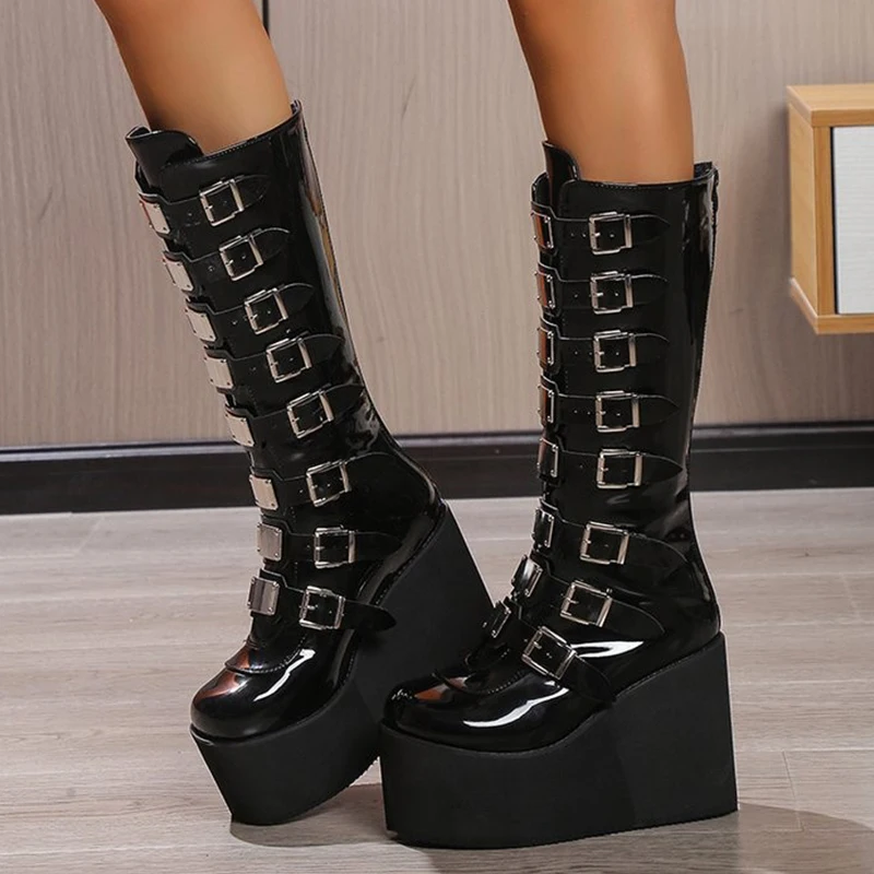 

Wedges Chelsea Women Platform Boots High Heels Sexy Shoes 2023 Winter New Designer Goth Mid Calf Boots Pumps Motorcycle Botas