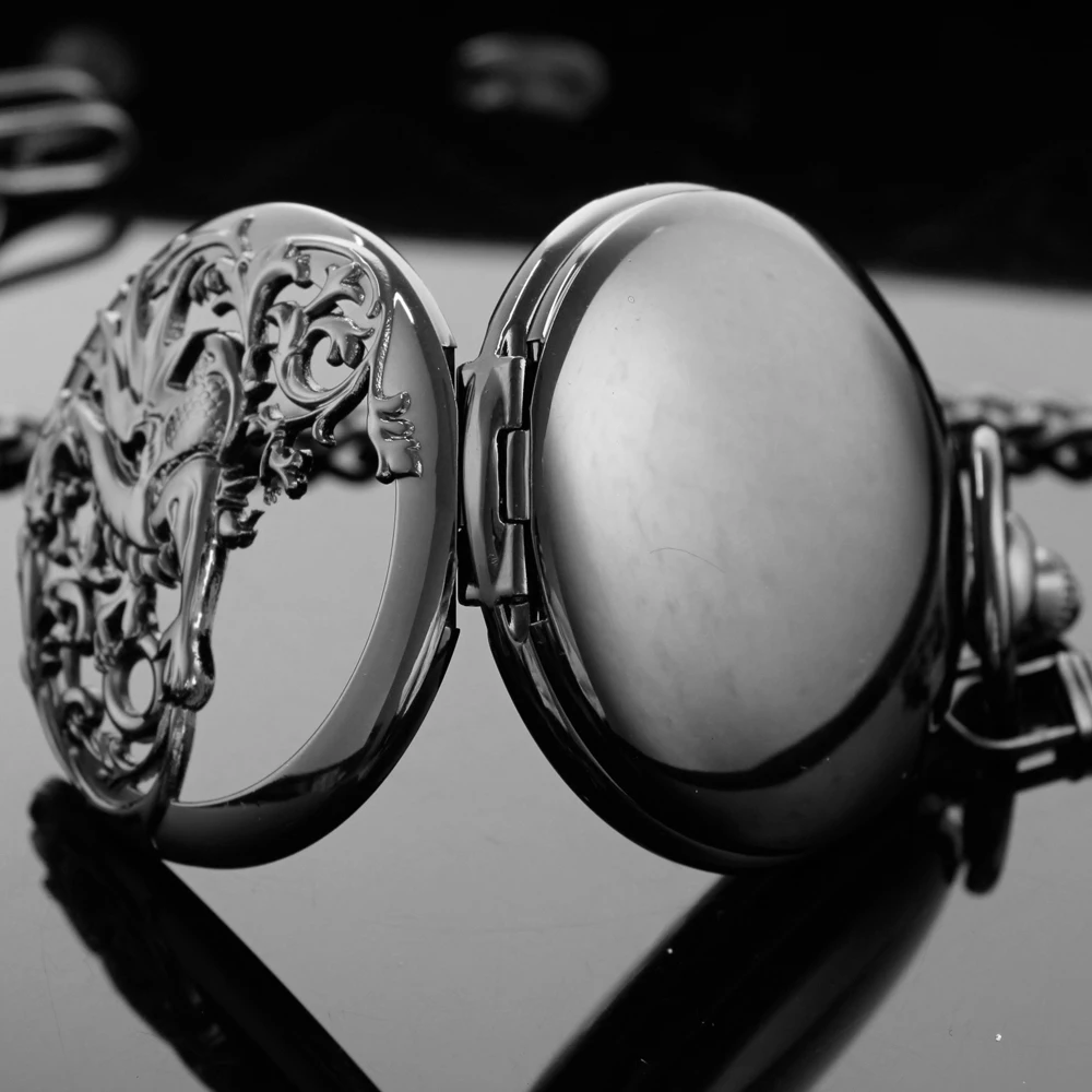 Black Dragon Exquisite Sculpture Clock Steampunk Skeleton Mechanical Pocket Watch Fob Chain Clock Men and Women Gift