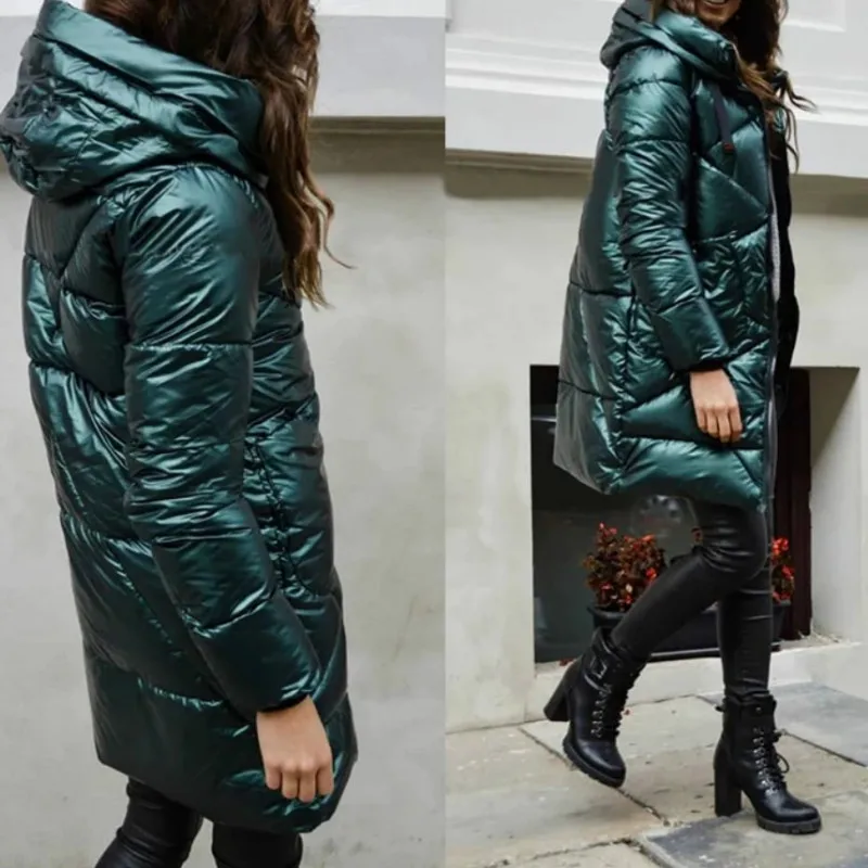 Winter New Hooded Cotton Jacket Women's Slim Long Jacket Women Flashing Long-sleeved Parka Cotton Warm Coat Women