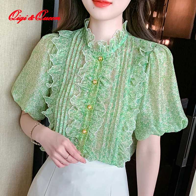 

Qiqi&queen 2023 Summer Blusas Short Sleeve Casual Work Loose Women Blouses Female Shirt Simple Top Print Ruffles Vintage Blouse