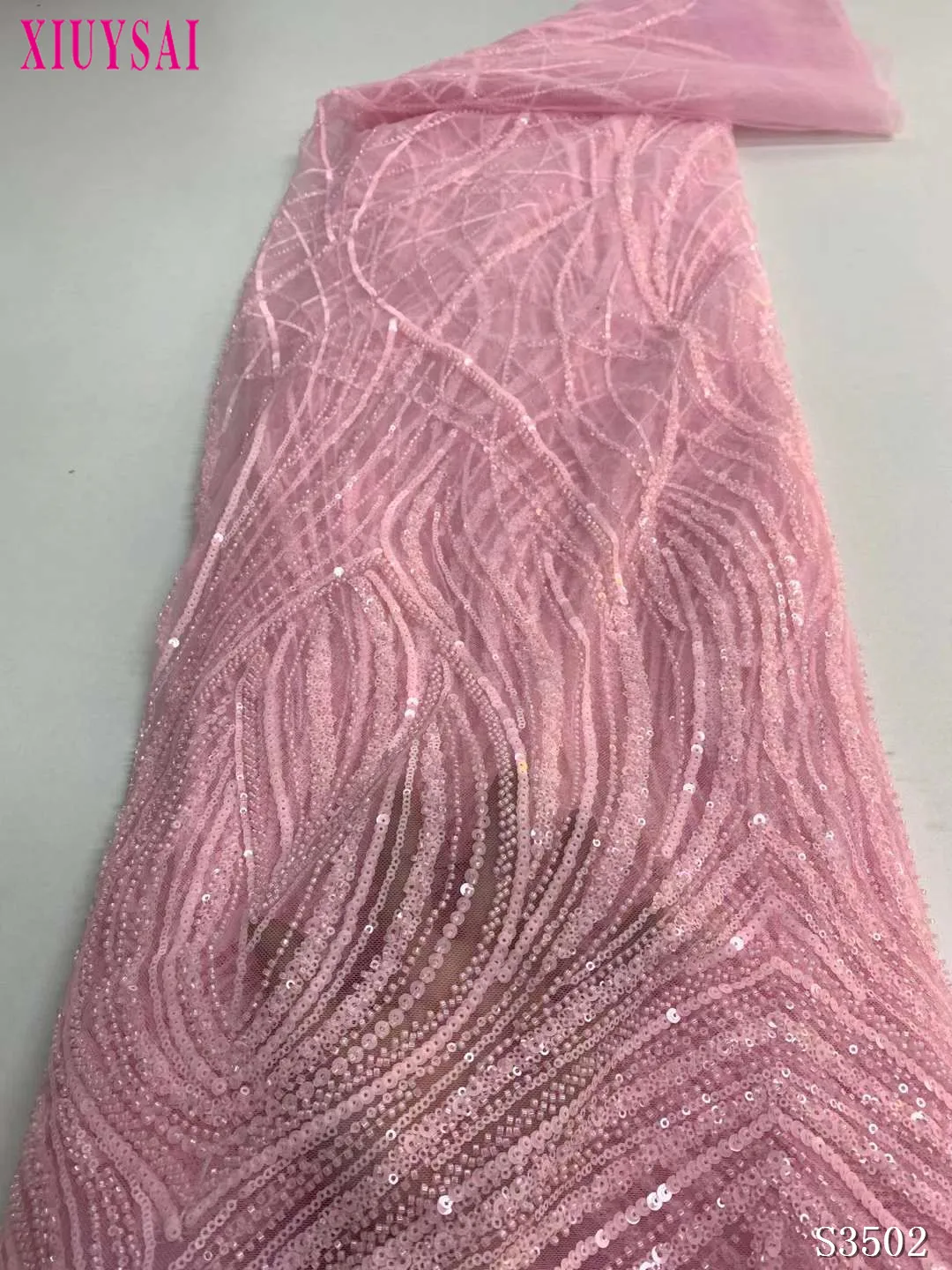 

XIUYSAI Top Quality Luxury Pink Handmade Beads Nigerian Lace fabric 2022 African French Embroidery Lace Fabric For Party Dress