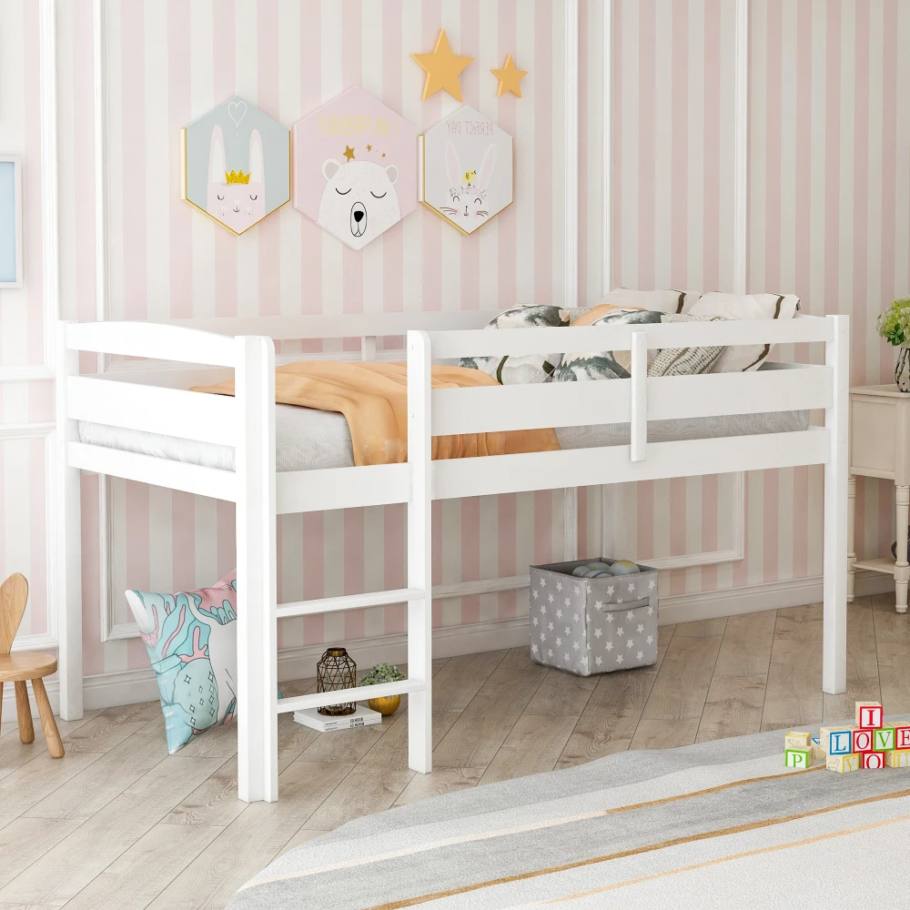 

Двуспальная деревянная Лофт-кровать, низкая Лофт-кровать с лестницей, двойная, белая