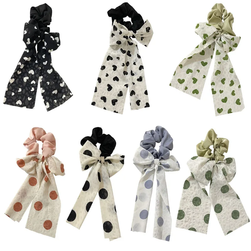 

Polka Dot Heart Printed Bow Hair Scrunchies Women Contrasting color Elastic Hair Band Ponytail Scarf Ribbon Hair Ties Accesories
